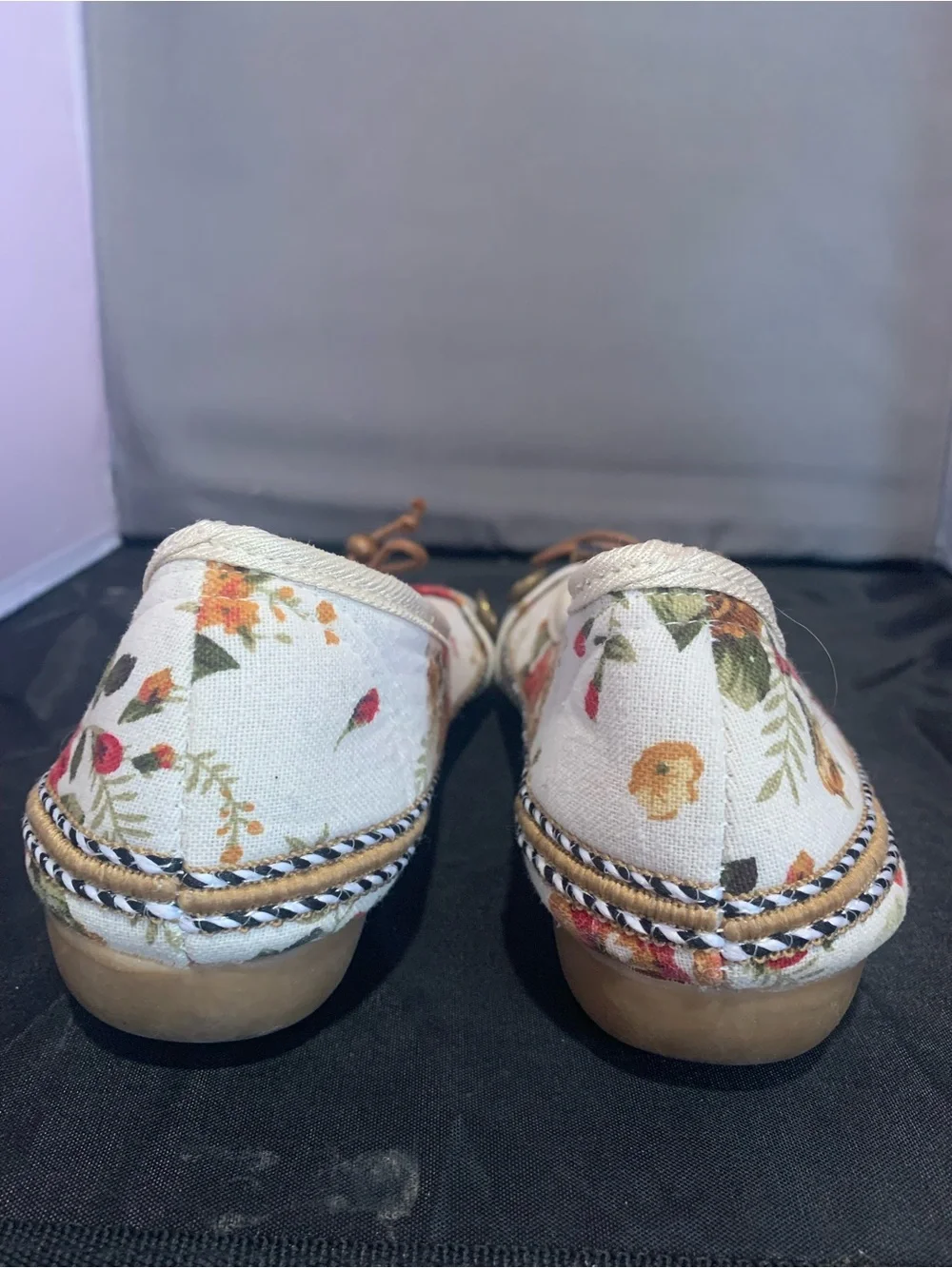 Floral Canvas Slip-On Flats with Brown Bow Detail - White Floral